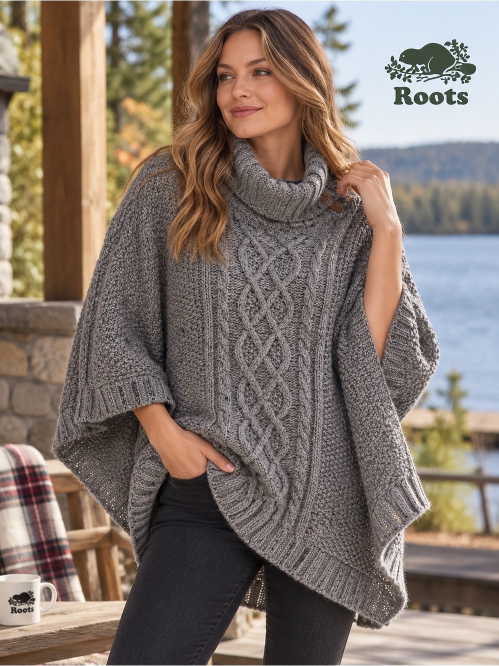 Roots OS Women’s Grey Cable-Knit Turtleneck Sweater Poncho